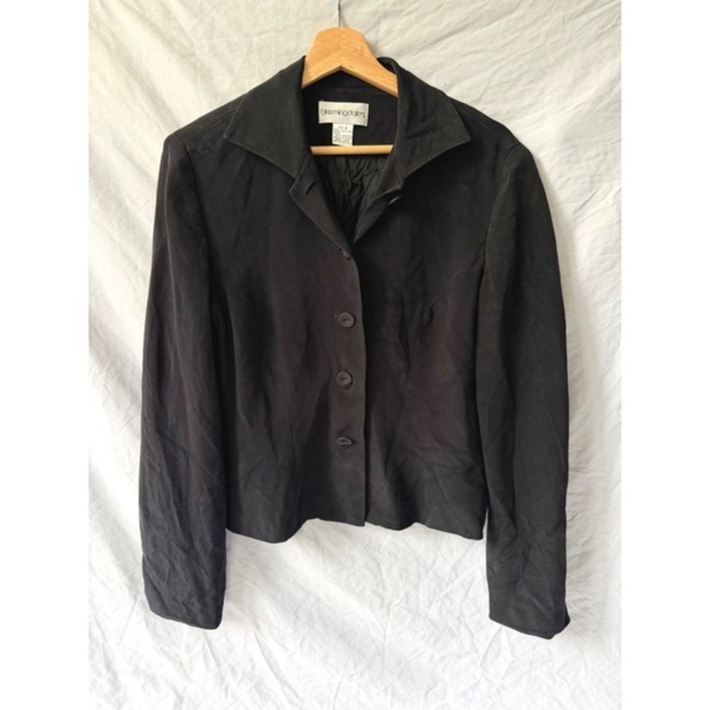 Bloomingdales Womens Vintage 100% Silk Blazer Black Button Front Jacket Size 8